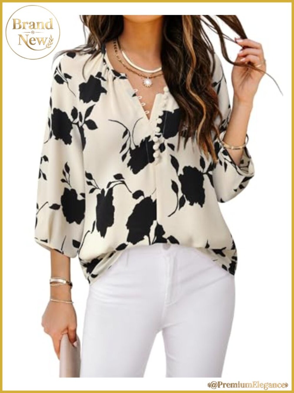 Womens Boho V Neck 3/4 Sleeve Peasant Top Blouse Chiffon Floral Tunic